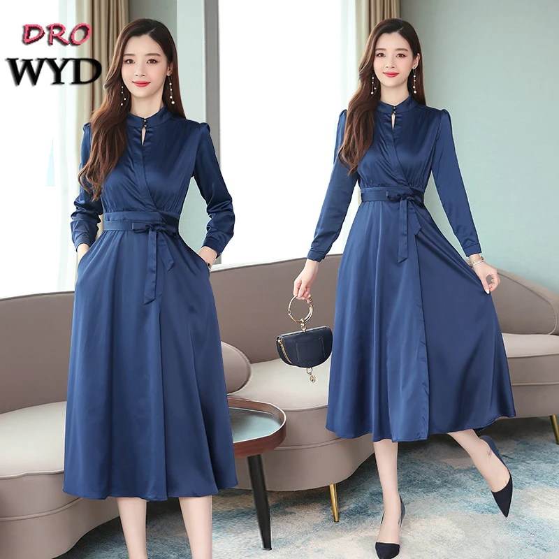 Осеннее платье с длинным рукавом женское богемное синее Новое корейское 2019 года