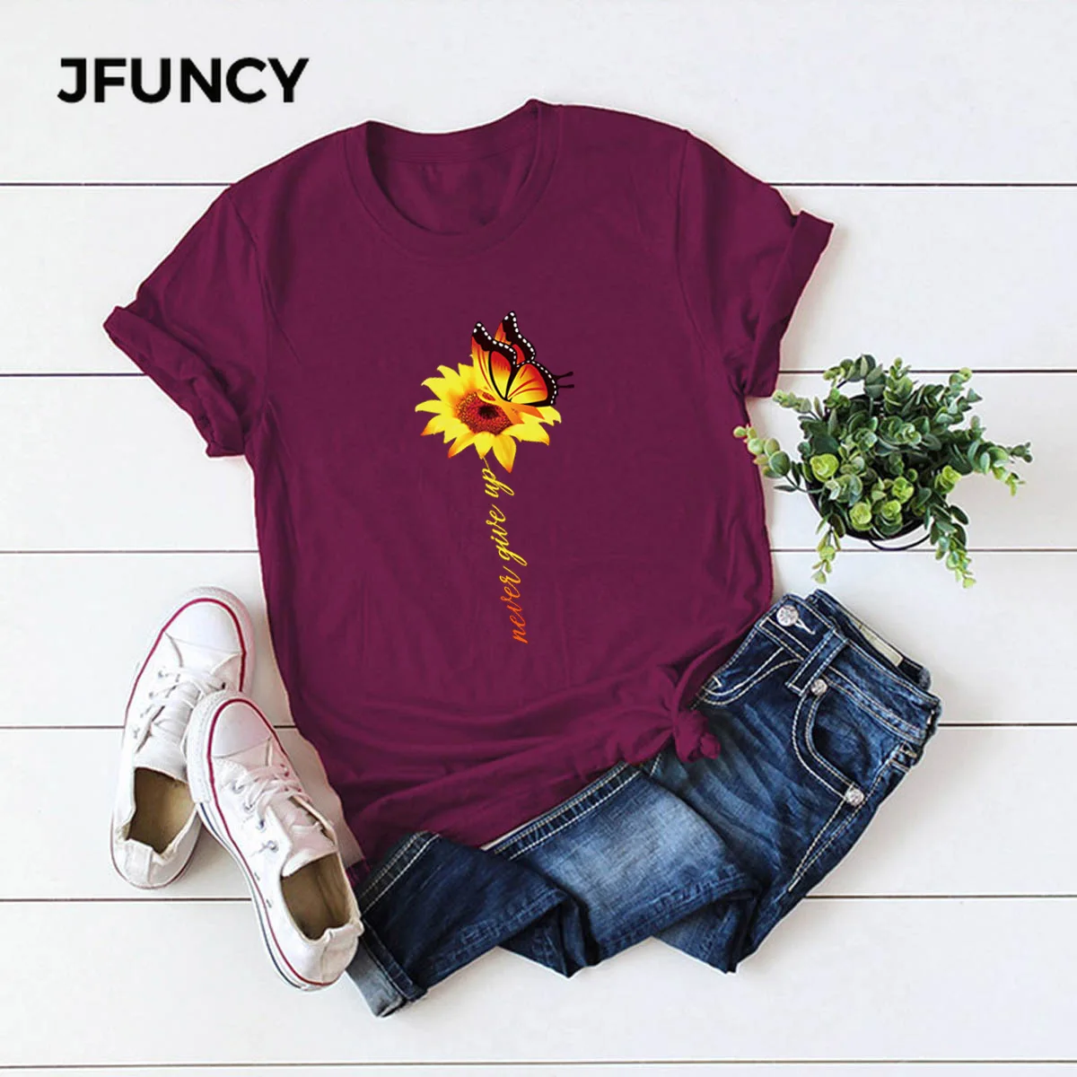 JFUNCY Sunflower Butterfly Print Women T Shirt Cotton Short Sleeve Summer Tops Woman Tee Shirts Female  Casual T-shirt