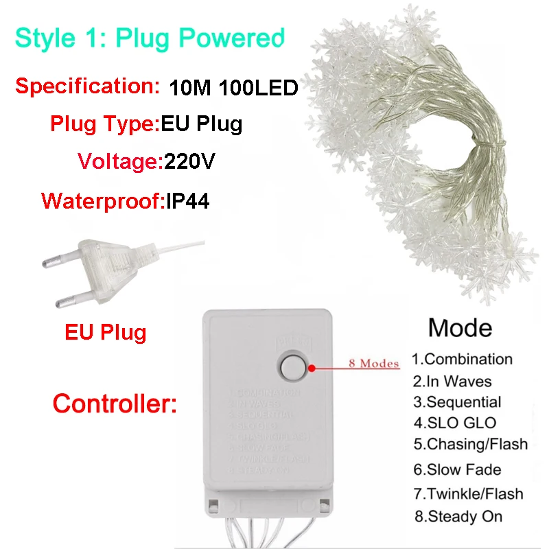 10 м 100 светодиодный Европейский штекер снежные хлопья Рождественская гирлянда