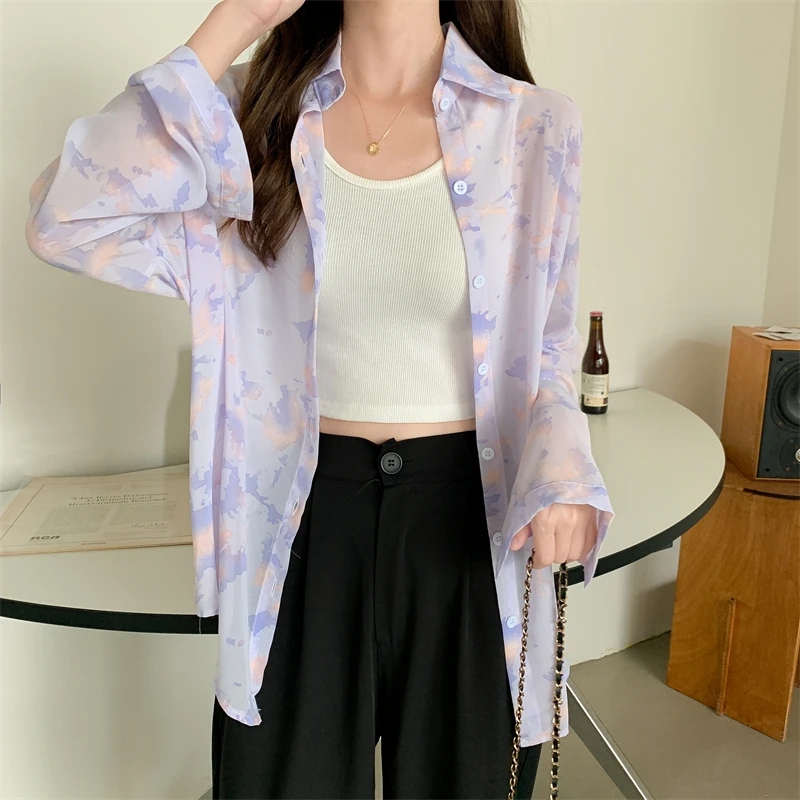 

Kimutomo Elegant Tie Dye Blouse Summer Korean Women Long Sleeve Turn-down Collar Single Breasted Shirt Female Casual Fashion