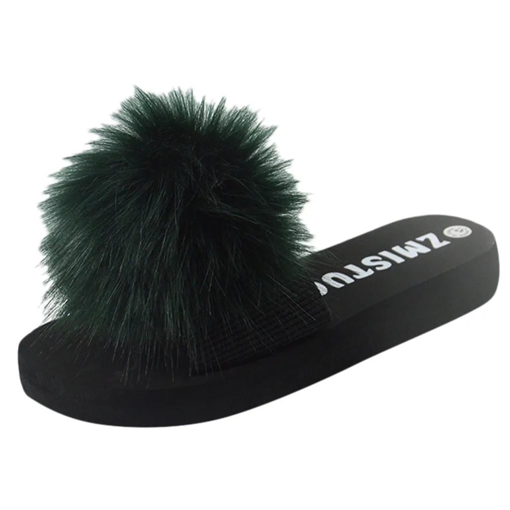 Женские тапочки на платформе меховые с помпонами Нескользящие плоской подошве 3