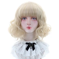 free beauty 14 short wavy synthetic ash blonde brown ginger dun hair bob wigs with blunt bangs for women lolita cosplay costume