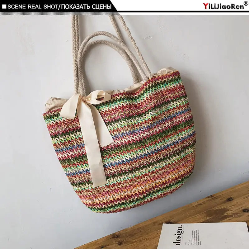 Модная плетеная женская сумка из ротанга, летняя пляжная сумка, Большая вместительная сумка, ручная работа, вязаная соломенная сумка через плечо для женщин - Цвет: Multi