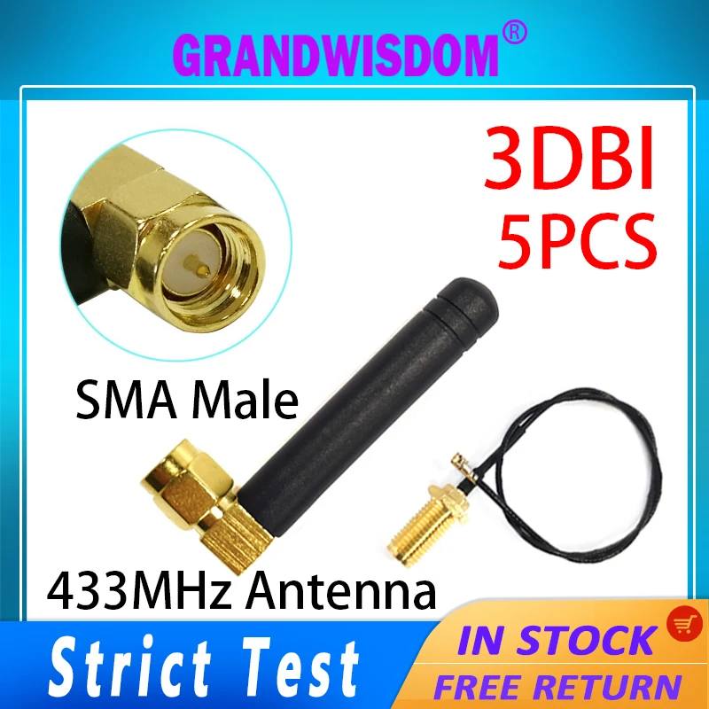 

GRANDWISDOM 5pcs 433mhz antenna 3dbi sma male lora antene iot module lorawan antene ipex 1 SMA female pigtail Extension Cable