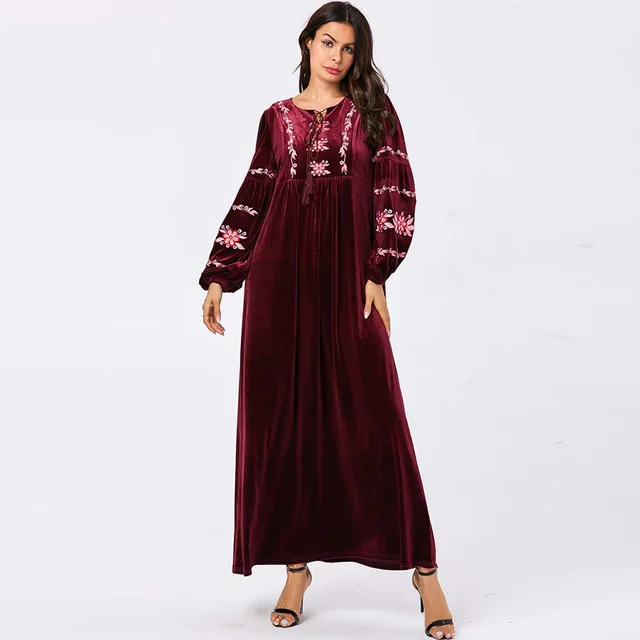 Red dress Цветочные бархатные abaya для женщин Дубай мусульманский кафтан женская одежда зима осень длинное платье Зеленый Кафтан vestido manga larga - Цвет: Red dress