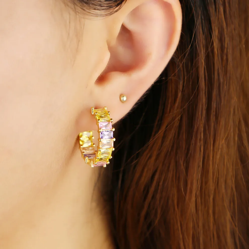 2021 Gold Plated Rainbow CZ Pinky Pastel Hoop Earring For Women Fashion Colorful Square Cubic Zirconia Pink Luxury Charm Jewelry | Украшения