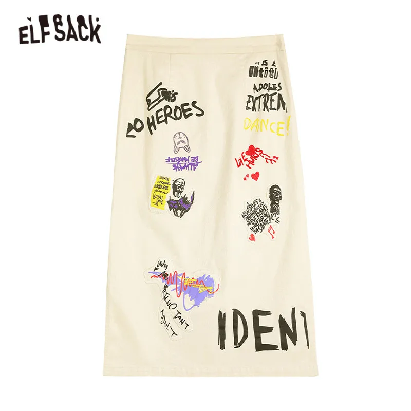 

ELFSACK Street Drawing High Waist Casual Women Midi Skirts,2021 Summer Vintage,Minimalist Korean Ladies Daily Preppy Bottom