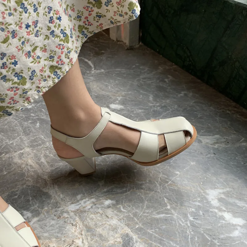 

JOCHEBED HUNew Genuine Leather Women Sandals Fashion High Heels Ladies Shoes Summer Fashion Buckle Party Shoes Black Apricot