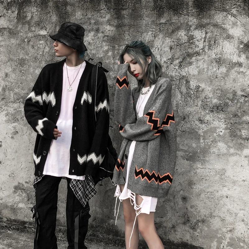 Хип хоп повседневный мужской кардиган свитера в полоску Ретро стиль Harajuku уличная