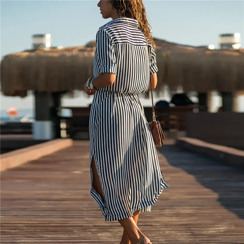 

2019 New Office Lady Turn-down Collar Shirt Dresses Women Vintage Striped Casual Loose Chiffon Sashes Dress Female Vestidos 2XL