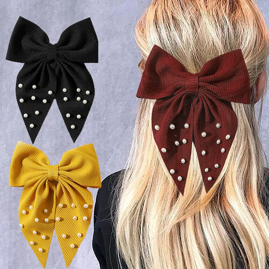 Заколка для волос винно-красная с жемчугом и бантом большая фланелевая заколка