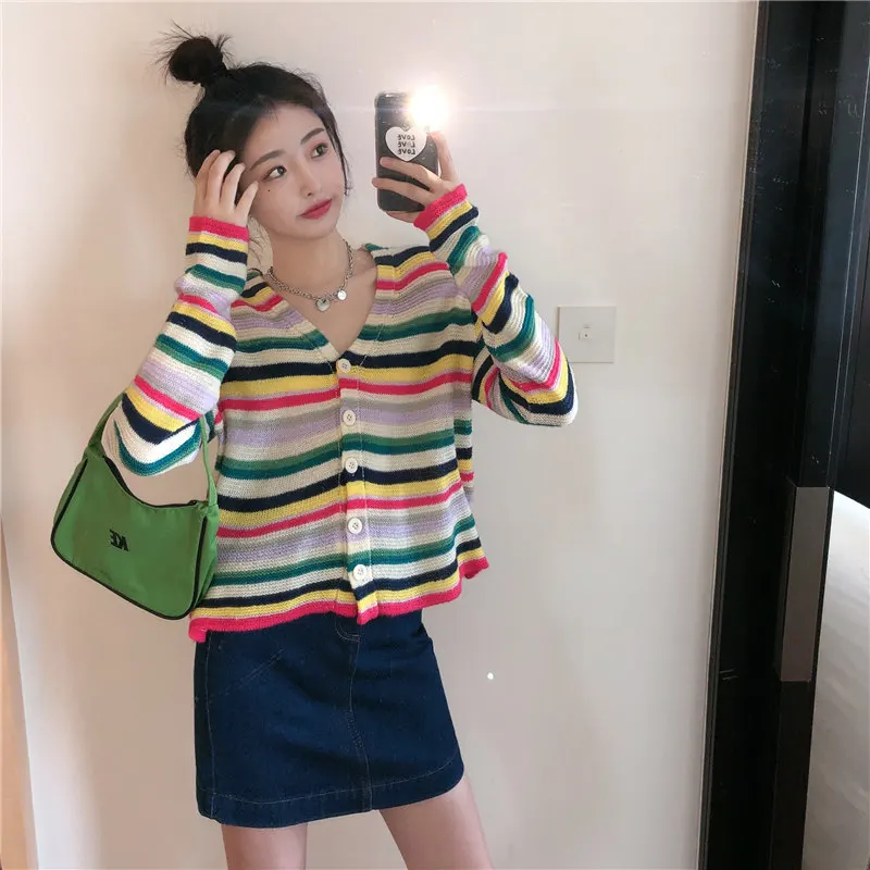 

Women Knitted Cardigan Rainbow Stripes Sweater Color Stitching V Neck Loose Knit Cardigans Korean Lady Long Sleeve Sweet Coat