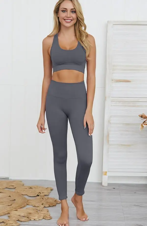 gray set Женский бесшовный комплект для йоги, 2 шт., спортивные костюмы, леггинсы для спортзала, мягкий спортивный бюстгальтер, одежда для фитнеса, женская спортивная одежда, комплект для тренировок, спортивный костюм - Цвет: gray set