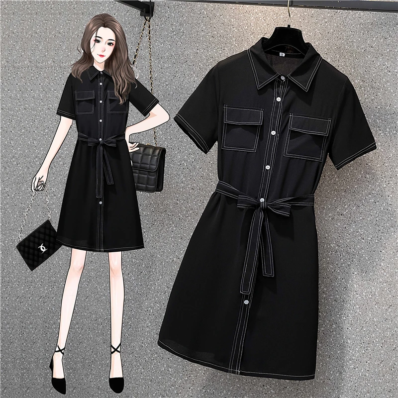 

EHQAXIN Summer Plus Size Women's Shirt Dress Fashion New Style Polo Collar Short Sleeve Button Belt Dresses With Pocket M-4XL