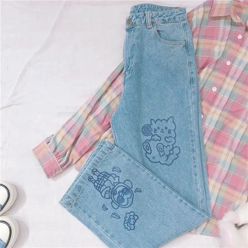 

HOUZHOU Soft Girl Harajuku Women Jeans 2021 Spring Sweet Cute Wide Leg Jeans Pants High Waisted Jeans Denim Plus Size Trousers
