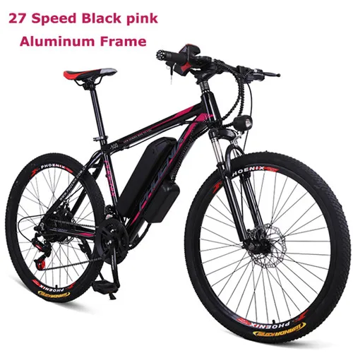27 Speed black pink Мощный электрический велосипед, 2 колеса, Электрический велосипед, 26 дюймов, углеродистая сталь, 21/27 скоростей, горный, 40 км, электрические скутеры для взрослых - Цвет: 27 Speed black pink
