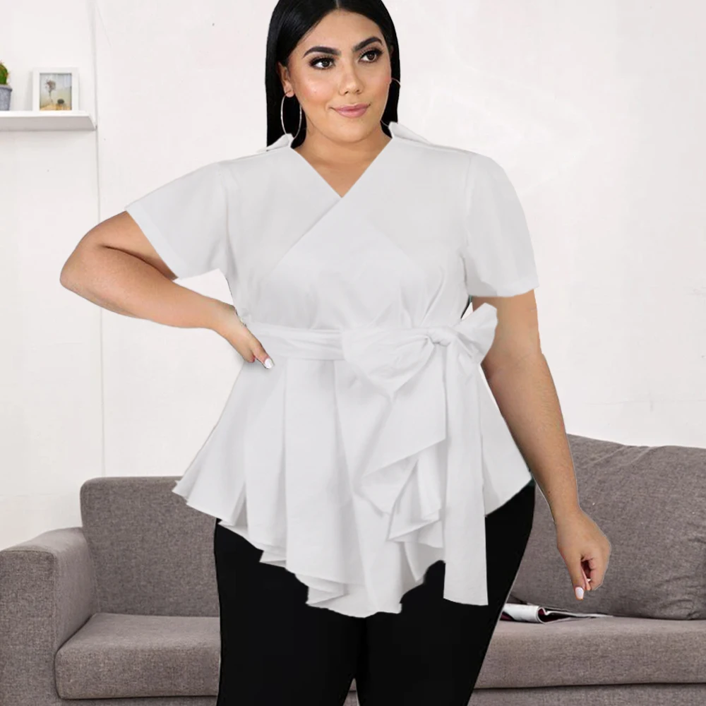 

White Blouse V Neck Short Sleeve Tops Office Ladies Summer Fashion Pleated Woman Shirts Plus Size with Waist Belt Dropshipping