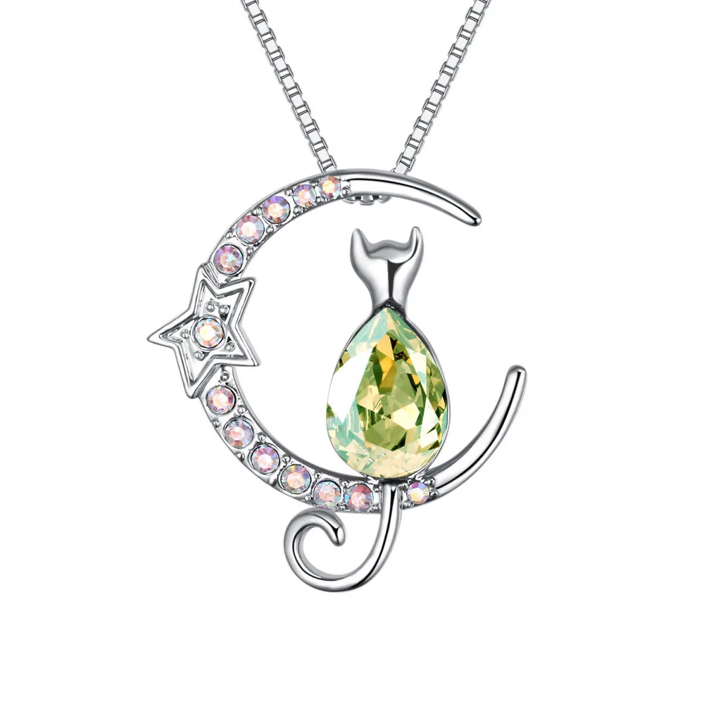 Украшенное кристаллами Сваровски женское ожерелье Звезда Луна Кот кристалл