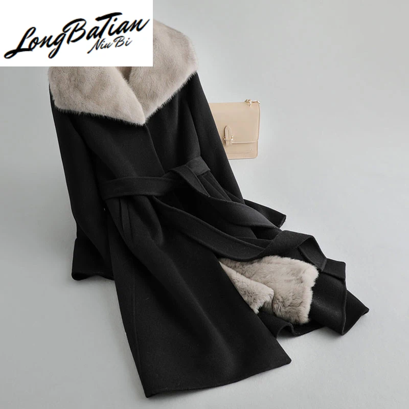 Женское пальто из 100% шерсти с кроличьим подкладом зимняя женская куртка норковым