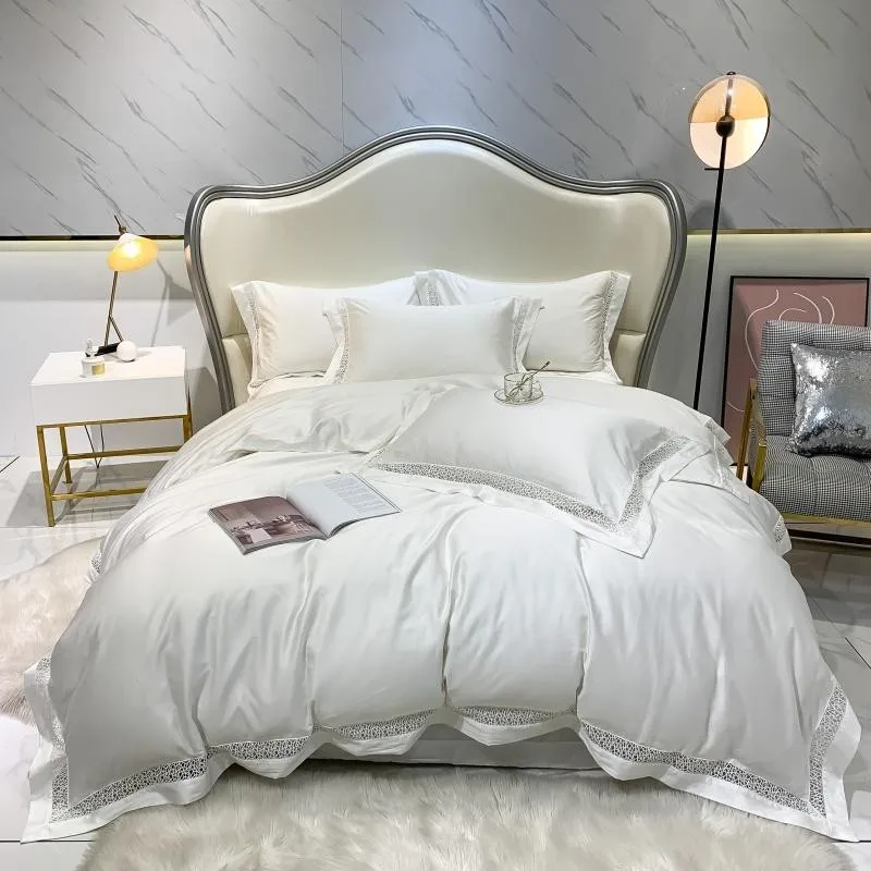 

1000TC Egyptian Cotton Duvet Cover Ultra Soft Solid Color Chic Hollow Edge Bedding Set White Queen King size BedSheet Pillowcase