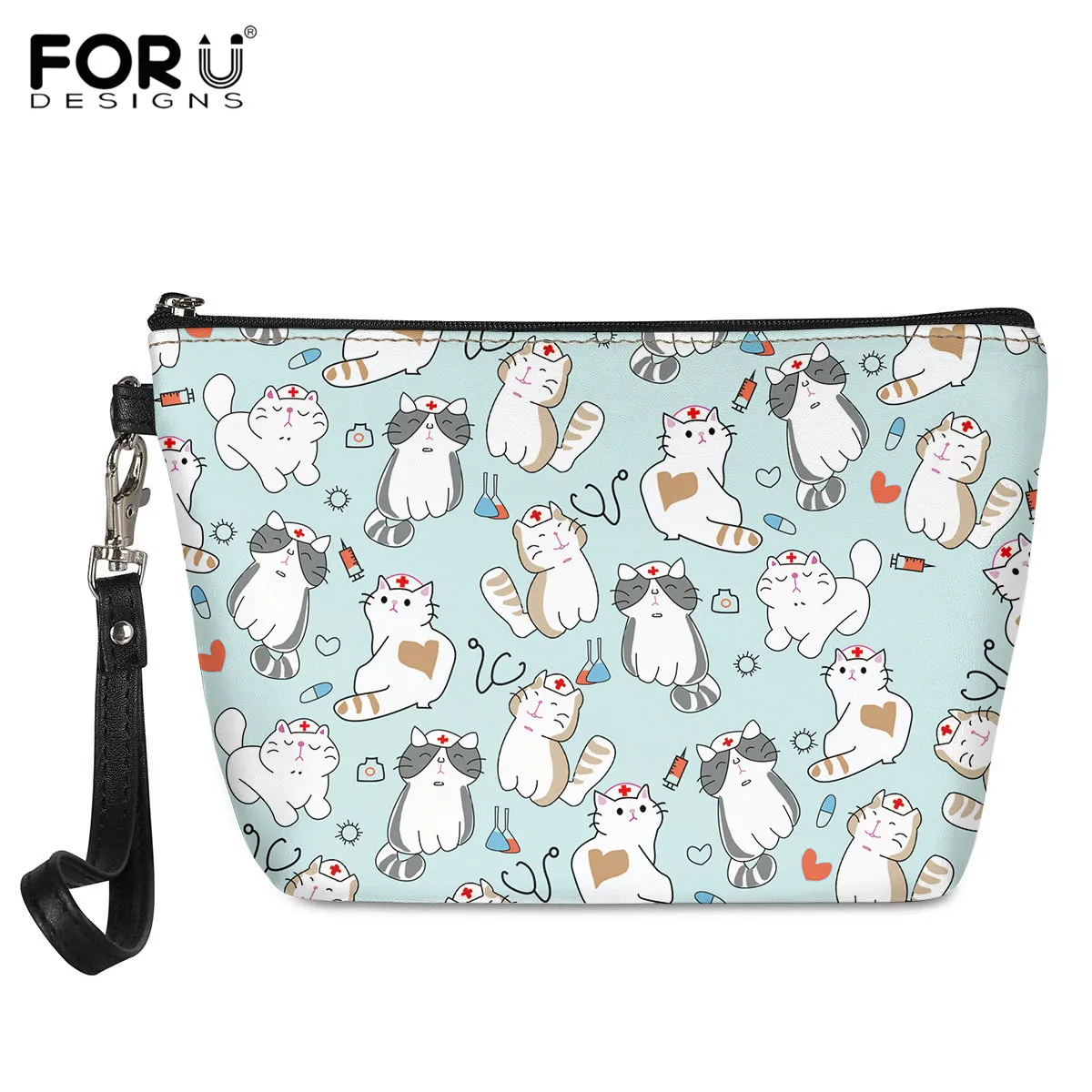 

Женская косметичка с мультяшным рисунком кошки FORUDESIGNS, органайзер, портативная кожаная Дамская косметичка, модные чехлы для туалетных прин...