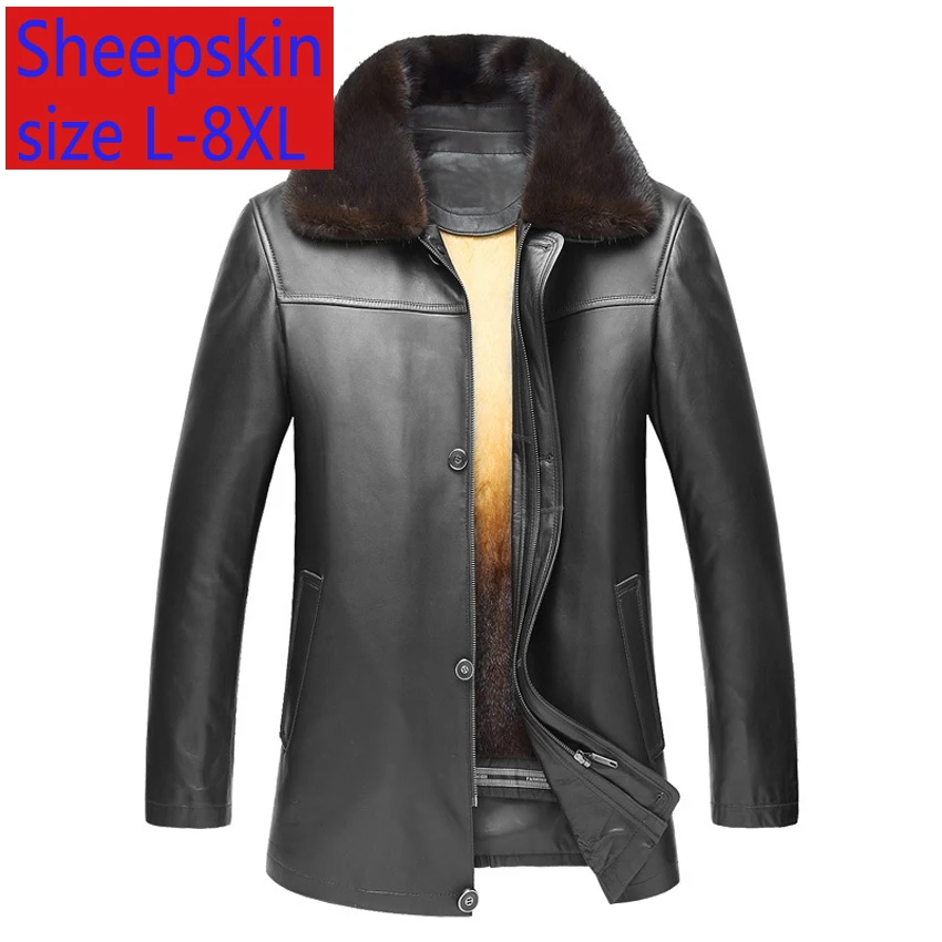 

New High Quality Fashion Luxury Men Leather Fur Detachable Lapel Winter Mink Liner Loose Casual Plsu Size L XL 2XL3XL4XL 5XL6XL