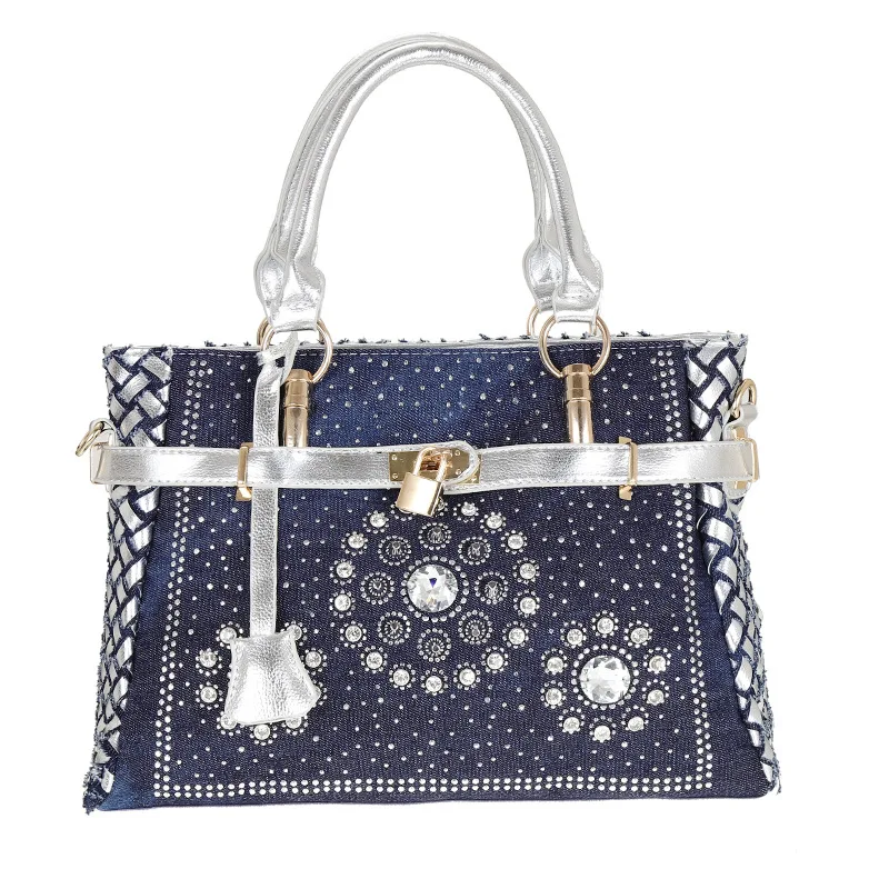 

Summer 2022 Fashion Womens Handbag Large Oxford Shoulder Bags Patchwork Jean Style And Crystal Decoration Blue Bag