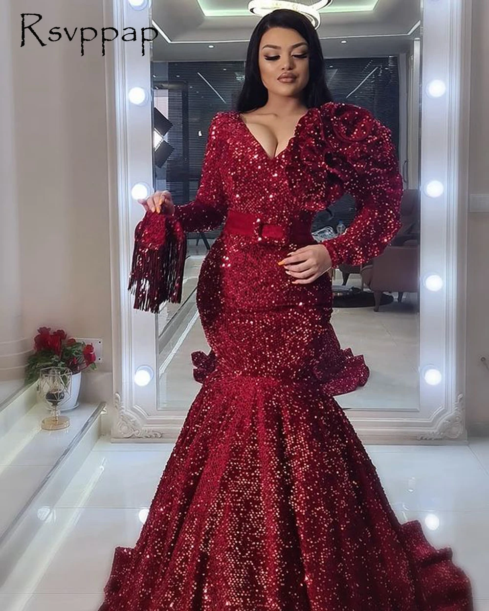 

Long Sleeve Evening Dresses 2021 Mermaid Style V-neck Flowers Dubai Women Burgundy Sequin Formal Party Gowns