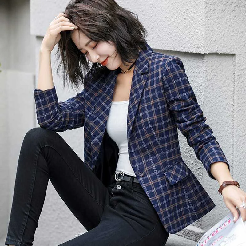 Женский клетчатый Блейзер базовое пальто размера плюс верхняя одежда синего