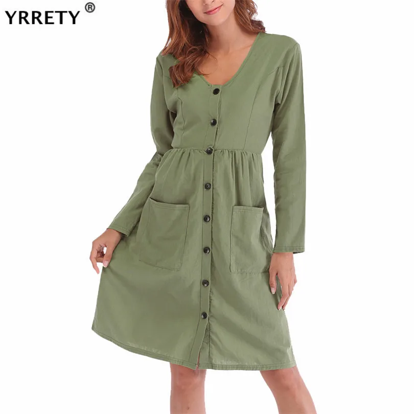 

YRRETY A Line Casual Dresses Women Long Sleeve Autumn Ladies Buttons And Pockets Splicing V Neck Midi Vestidos Female Clothes