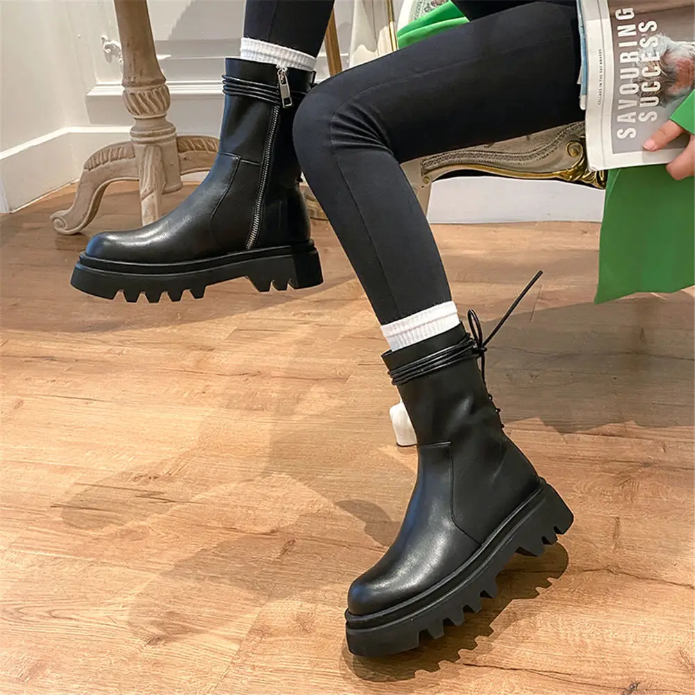 

Karinluna High Quality Shoes Woman Round Toe Genuine Leather Leisure Zip Lace-Up Platform Autumn Solid Suqare Thick Heels