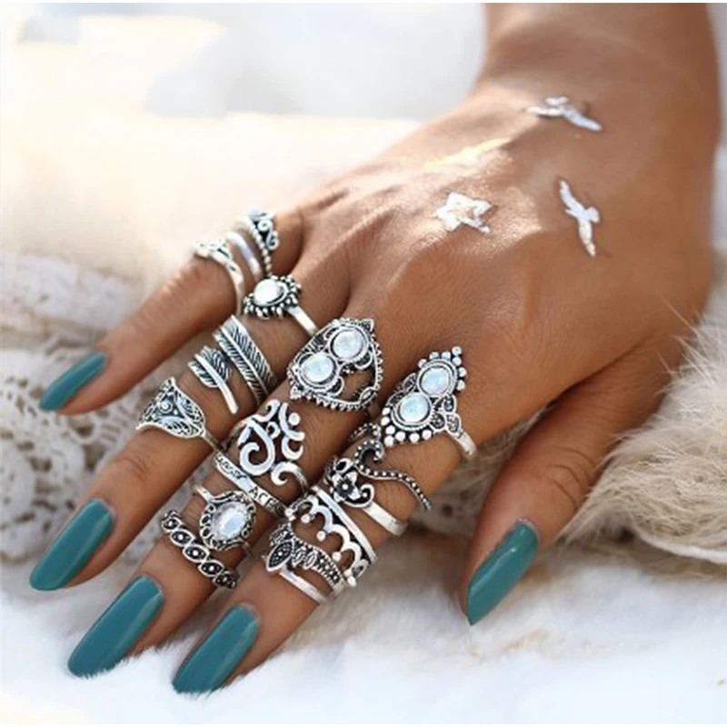 

16pcs/set Vintage Big Opal Stone Knuckle Shield Rings Set for Women Bohemian Antique Silver Color Rings Fashion Jewelry