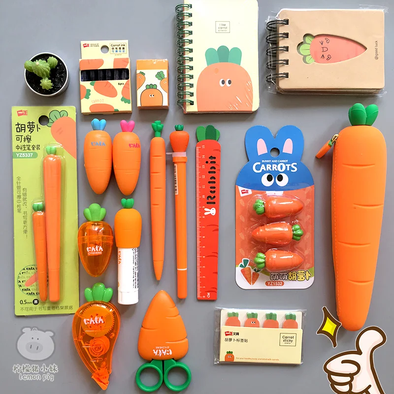 

2021 Creative Carrot Series Silicone Soft Pencil Case Penholder Organizer Bag Kawaii Stationery Set Kids Birthday Gift