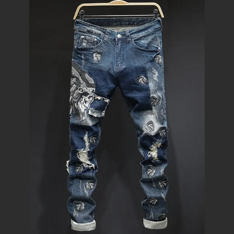 

Spring Men Embroidered Loose Fit Denim Coat Street Hole Ripped Zipper Jeans Fashion Single Breasted Cowboy Jacket Plus Size