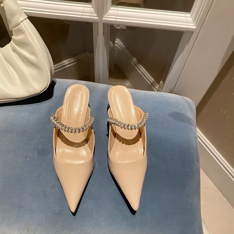 

Pointed Toe High-Heeled Shoes Lady String Bead Slippers Casual Low Slides Slipers Women Thin Luxury 2021 Summer Scandals Fashion