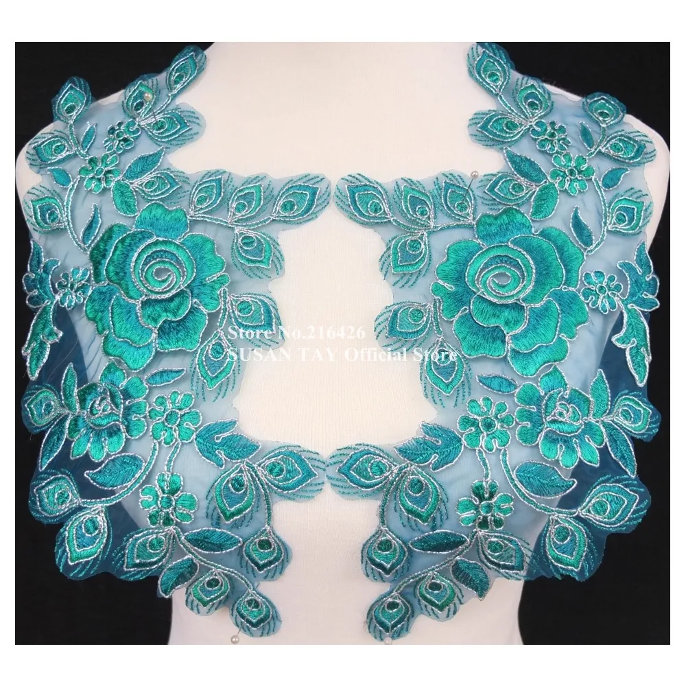 1 пара = 2 шт. x темно синий/Серебряный цветок кружево вышитые аппликации воротники