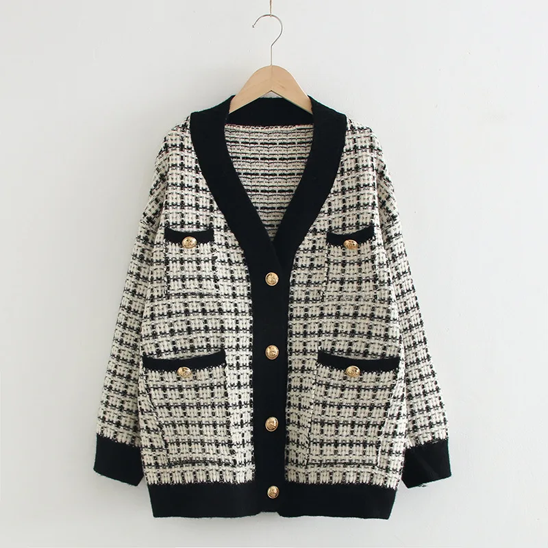 Women Sweater Coat 2022 Thicken Knit Cardigans Women Jacket Loose Plaid Long Sleeve Coat Korean Style Coat Sueter Feminino