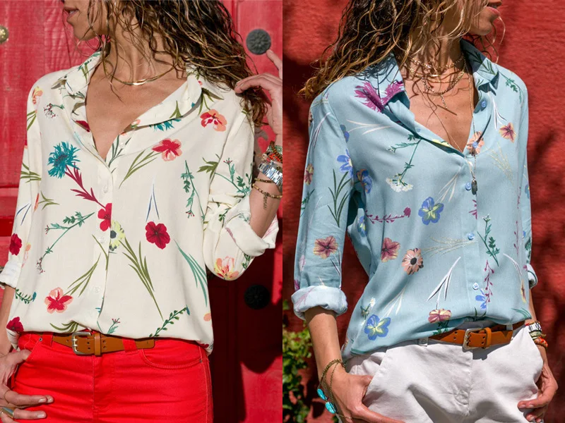 

Women Blouses Spring Autumn Printed Shirts Long Sleeve Chiffon V Neck Plus Size Cardigan Female Tops 2021 New
