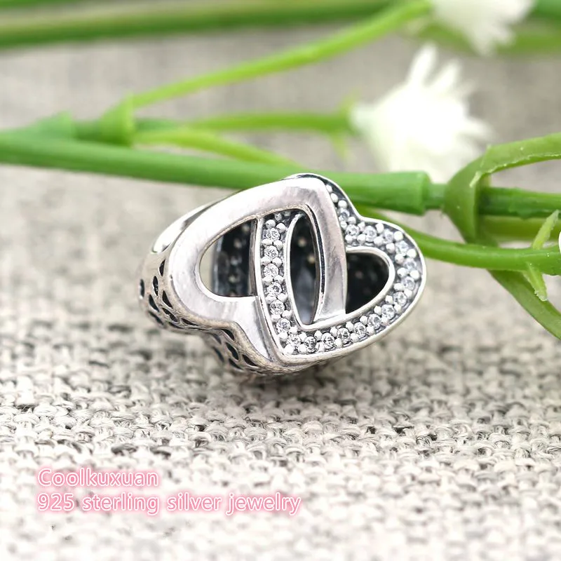 925-Sterling-Silver Clear CZ Entwined Love Heart Charms Mother's Day Interlocked Hearts Bead Fits Pandora Jewelry Making DIY