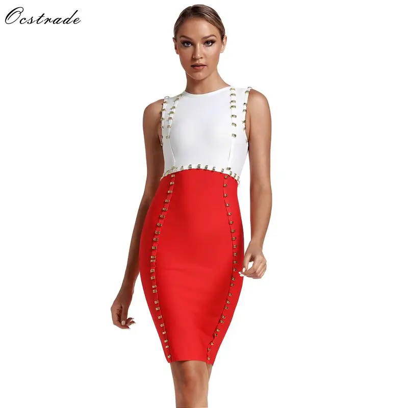 Ocstrade Vestidos Бандажное платье Новое поступление металлическое украшенное Сексуальное Красное Облегающее Бандажное платье женское вечернее платье в стиле знаменитостей