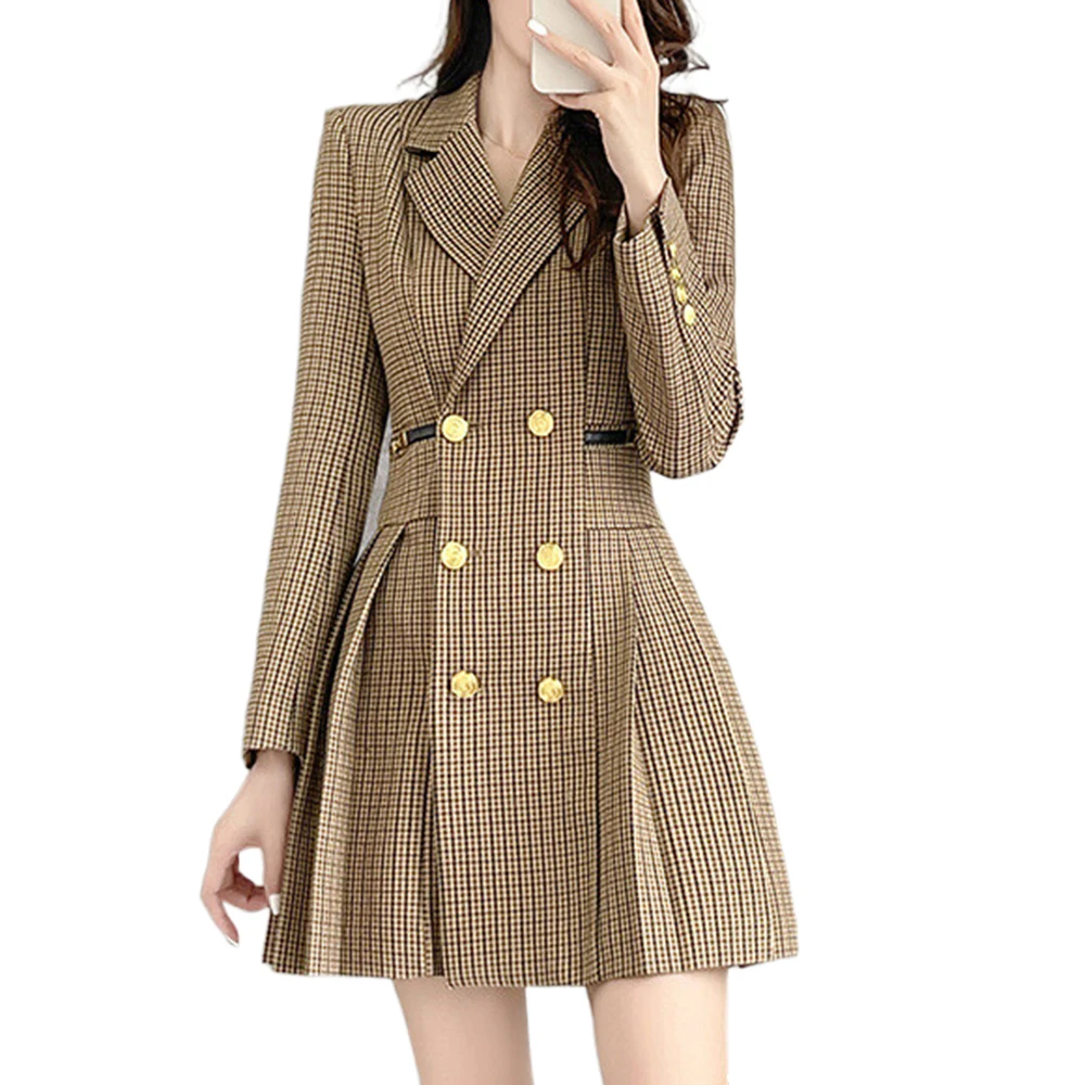 

Женское винтажное платье в клетку, короткая плиссированная юбка с длинным рукавом, в стиле ретро, осень-весна