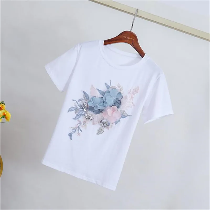 Женская футболка с коротким рукавом Повседневная белая голубыми кружевными