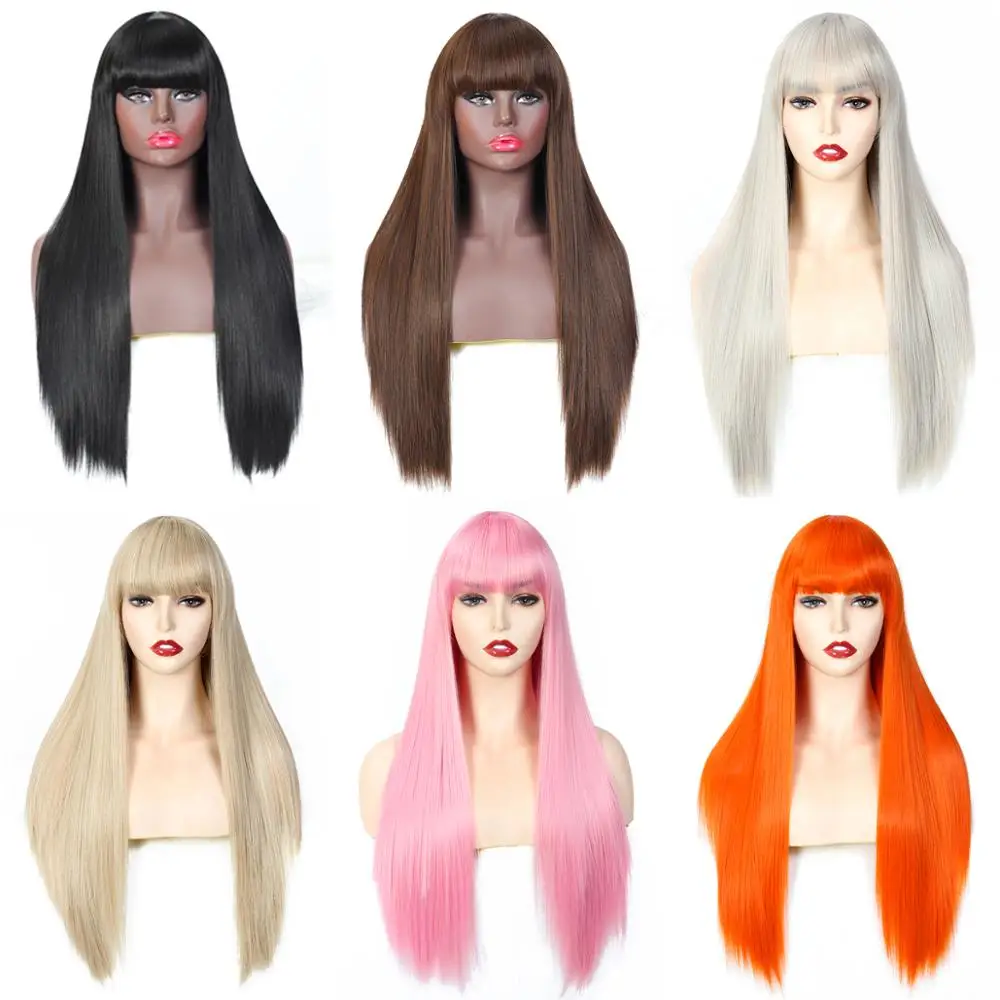 Синтетические длинные прямые парики с челкой синтетические волосы Blunt Bang париком