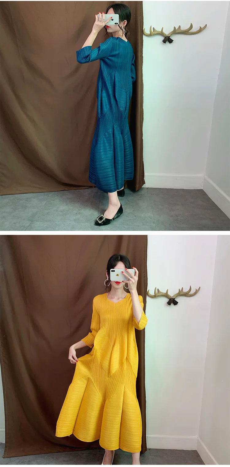Miyake Плиссированное Платье длинное осеннее Новое плиссированное платье-фонарик большой размер свободное платье с рукавом в виде цветка