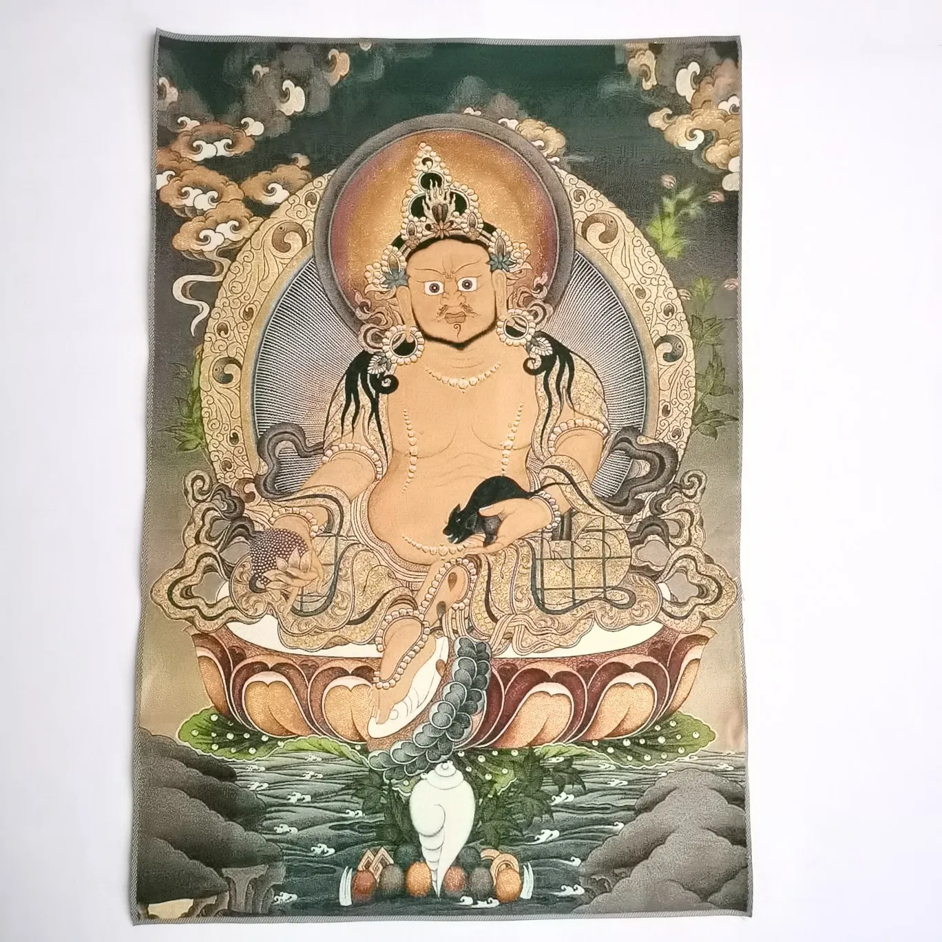 

36" Tibet Tibetan Embroidered Cloth Silk Buddhism Yellow Jambhala Wealth God Tangka Thangka Mural Buddha Home Decor
