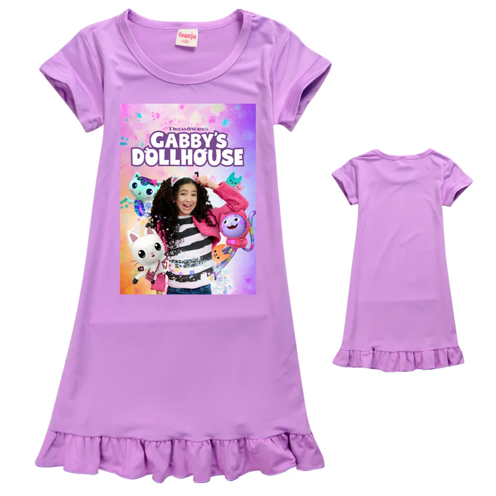 

Gabby Cats Dress Girls Nightdress Clothes Summer Cartoon Nightgown Children's Clothing Short-sleeved Pajamas Dress Kids Homewear