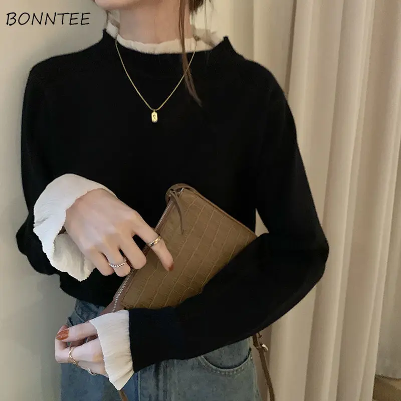 

Sweaters Women Lace Patchwork Fake 2 Piece Aesthetic Warm Soft Autumn Stylish All-match Female Pullovers Knitting Ulzzang Chic
