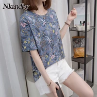 nkandby summer t shirt women 2021 casual loose vintage floral print t shirt short sleeve cotton tops female