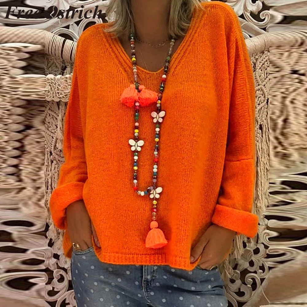 Женский свободный свитер со страусом FREE большого размера с глубоким v-образным