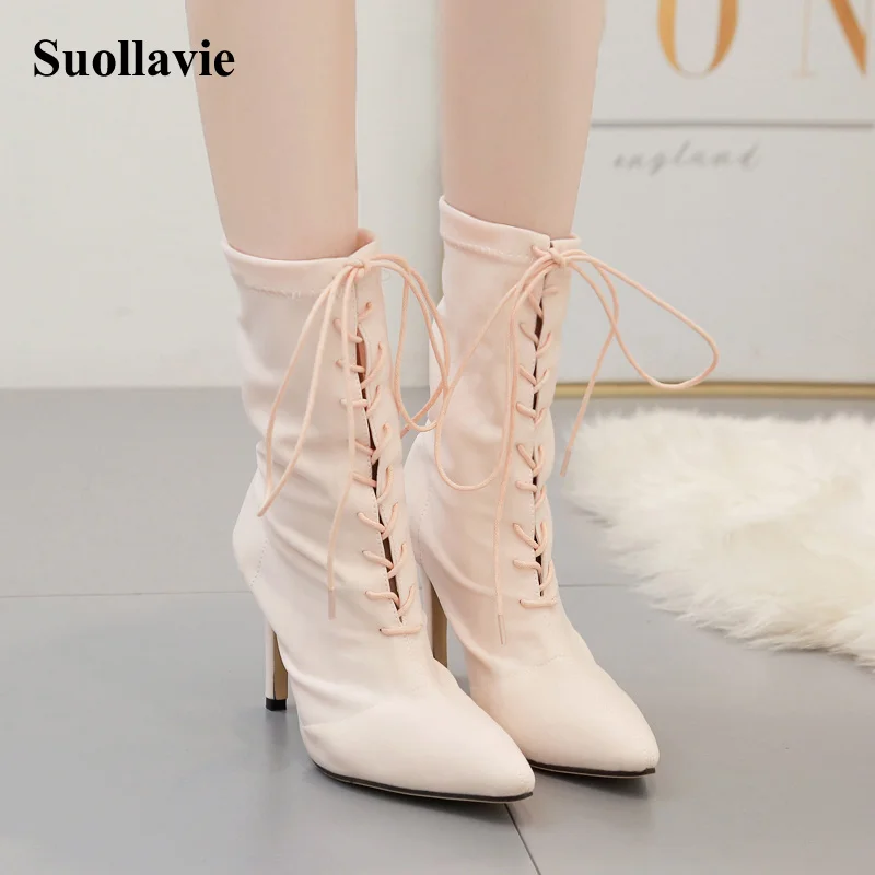 

New Lace-Up Women Boots Thin Heels Ankle Boot Party Shoes Ladies Pointed Toe Winter Boots Black Pink Shoes